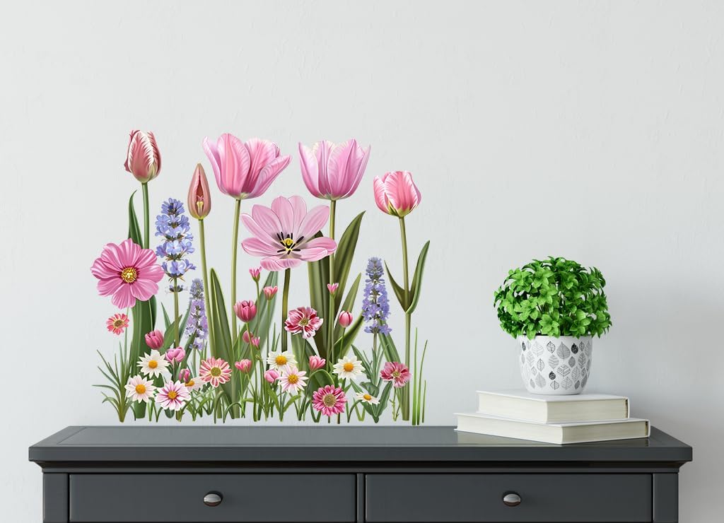 Pink Wildflower Toilet Lid Seat Cover Decal, Pinkish Tulip Floral Hyacinth Flower Bathroom Wall Sticker,Vinyl Removable Waterproof Wall Clings for Bathroom Bathtub Lavatory Washroom