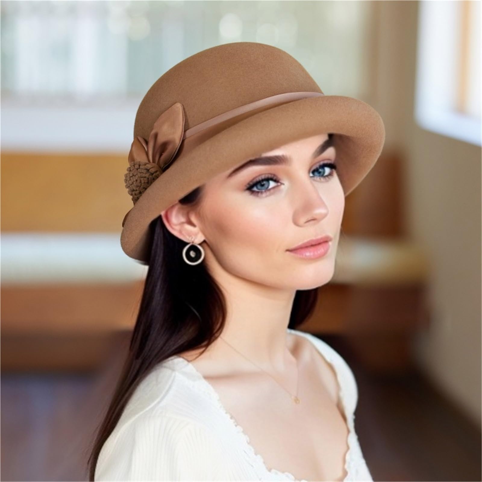 Bombetta Donna Cappello Fedora Francese in Tweed di Lana Vintage | Cappelli da donna eleganti in feltro con tesa arrotolata traspirante for donna autunno e inverno