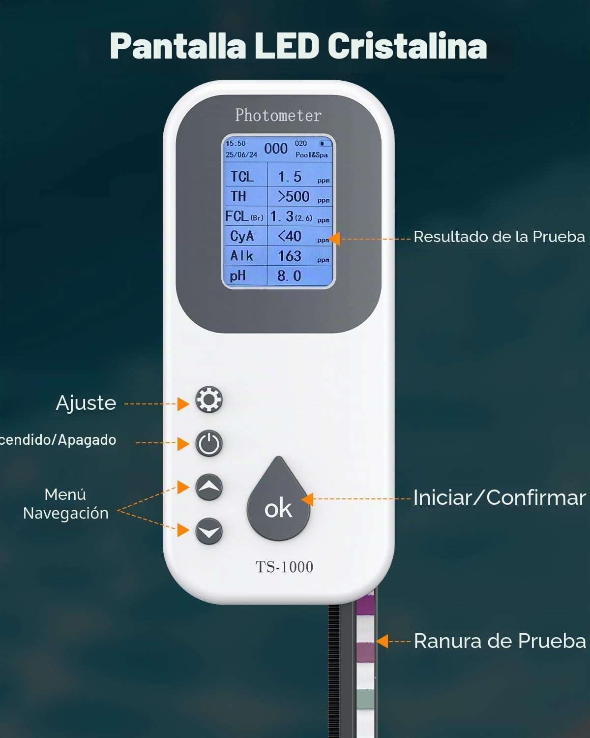 Pawfly Kit Digital de Análisis de Agua 7 en 1, 50 Tiras para Spa, Analizador Digital para Piscinas pH Dureza Total Cloro Total Cloro Libre Alcalinidad Total Ácido Cianúrico y Bromo