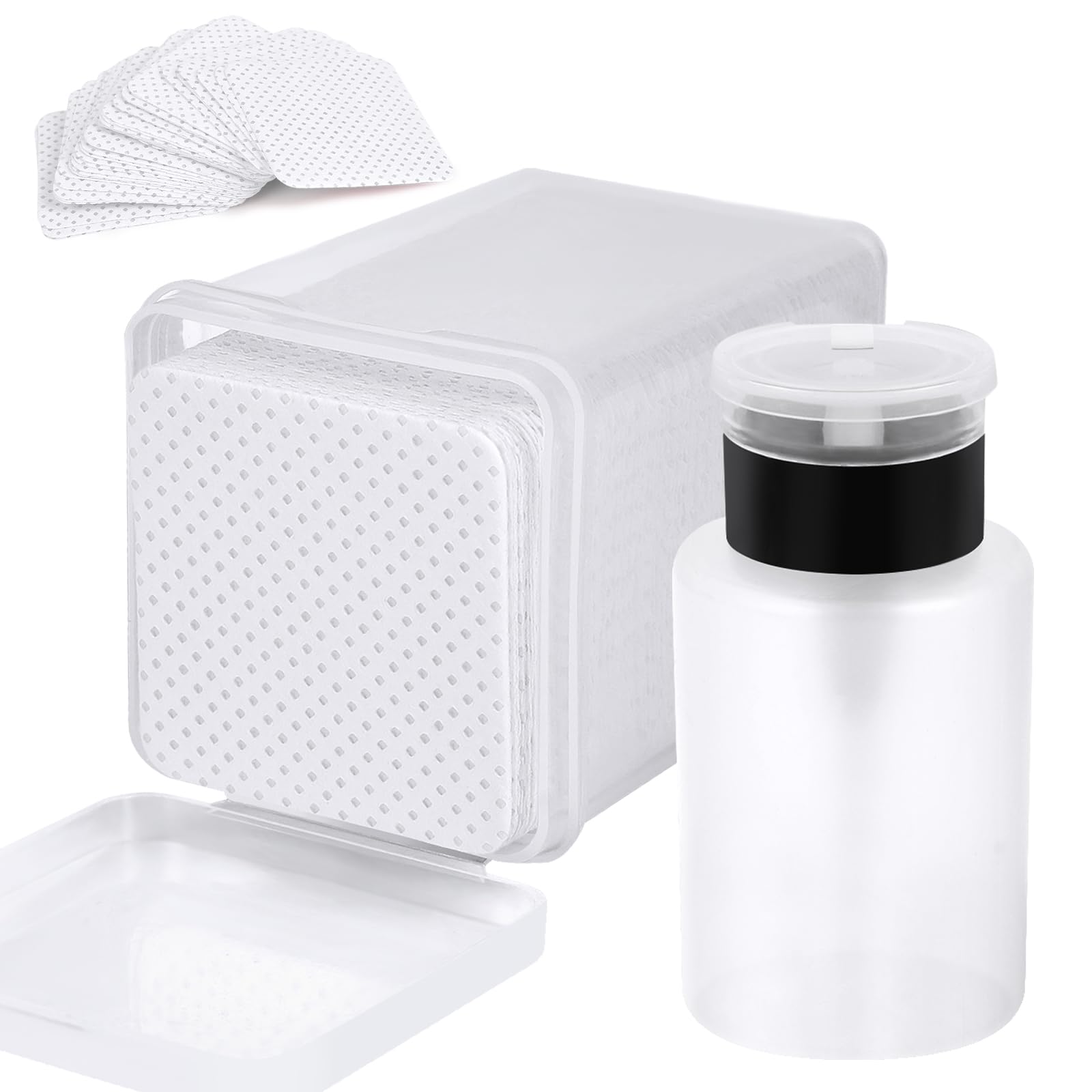 200 Pieces Nail Cotton Pads,1 Pull-Down Pump Dispenser Bottle, Super Absorbent Soft Non-Woven Eyelash Glue Wipes, Nail Polish dehumidifier for Eyelash Extension Products and Nail Oil Bottle (White)