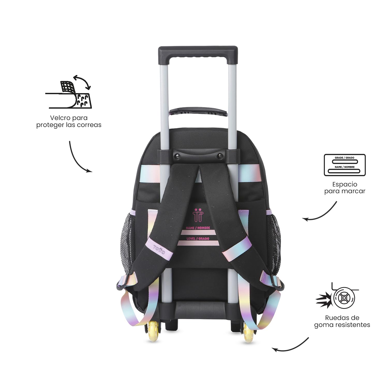 TOTTO - Mochila Escolar con Ruedas, Modelo Glowing Black M, Mochila Mediana, Capacidad 23 L, Bolsillos Botella, 2 Compartimentos Frontales, Protección en la Base, Correas Ajustables, Estampado Negro