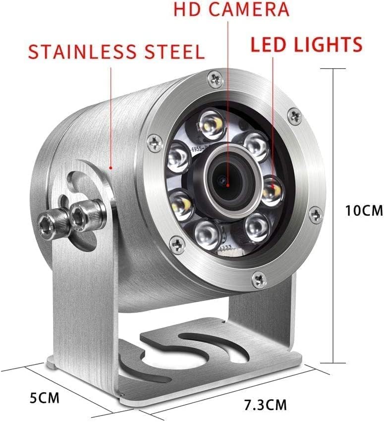 Detailed view of the Barlus camera showing dimensions, stainless steel construction, and LED lights