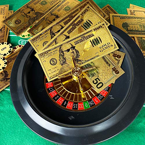 Gold Games Luxury Roulette Set, Create Your Own Casino, Wheel with 2 Steel Balls, 50 Poker Chips, Roulette, Poker, and Blackjack Mat, Croupier Stick, Fast Cash Bills - Thumbnail 2