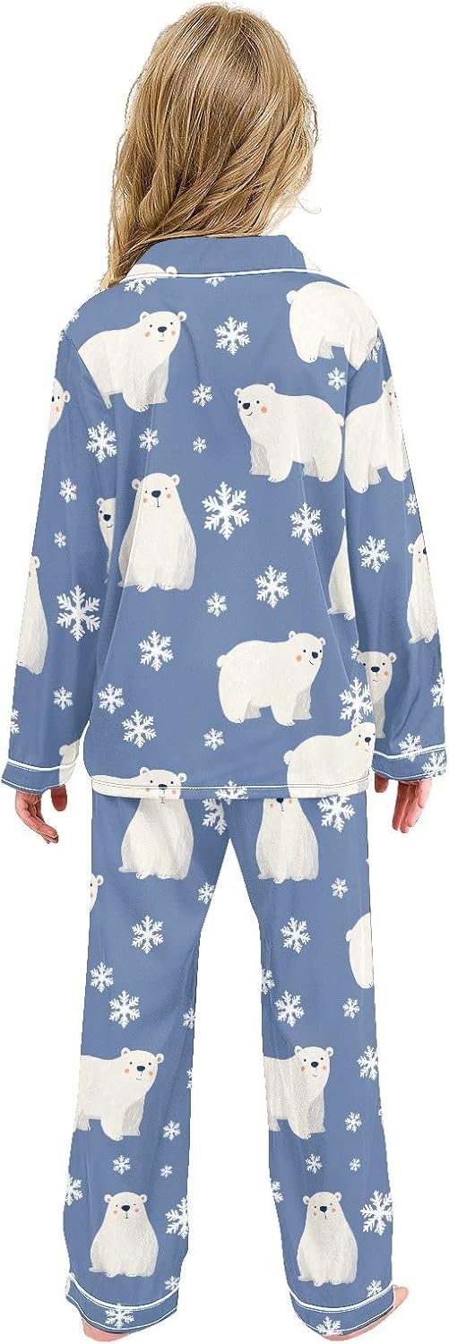 Kids Casual Satin Wear Set Northern Bear Snow Flower Unisex Relaxed Fit Clothing
