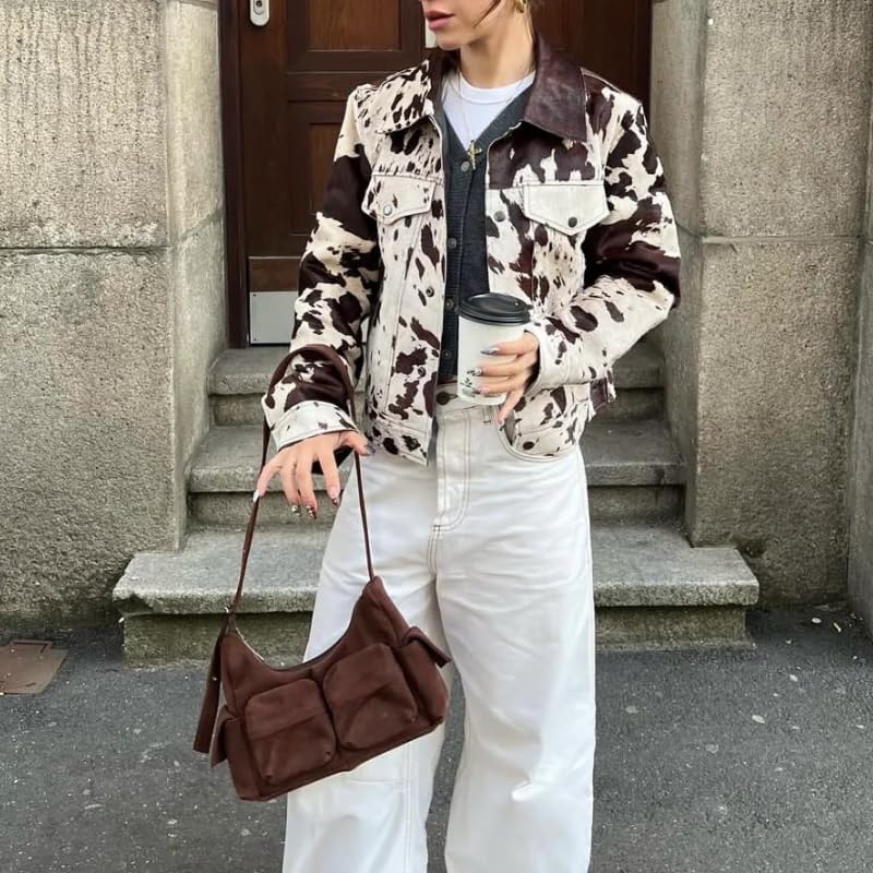 Women's Animal Print Denim Jacket Casual Cow Print Jacket Long Sleeve Button Up Motorcycle Cropped Coats2