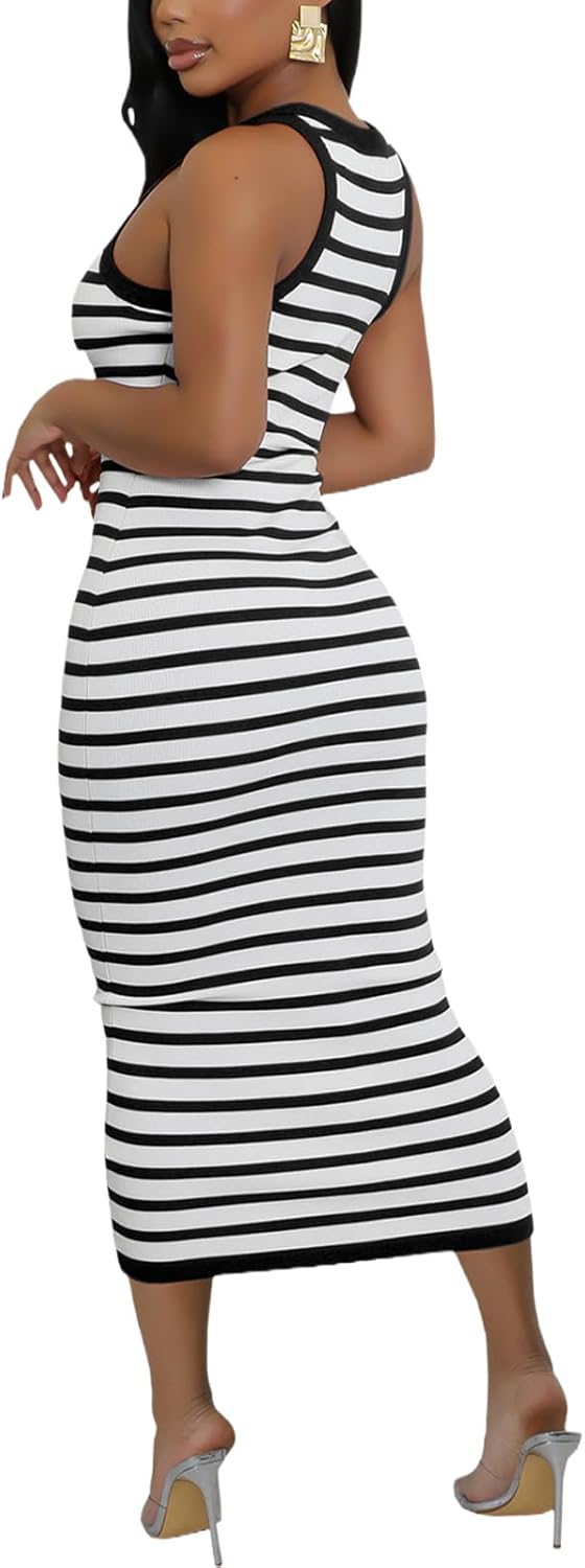 Women's Striped Summer Bodycon Tank Sleeveless Round Neck Casual Knit Pencil Midi Dresses - Image 4