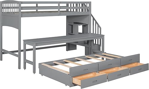 Miniatura 6 de Litera tipo loft 3 en 1 individual XL con escritorio rodante y escalera escalera individual XL sobre cama individualKing con nido y 3 cajones de