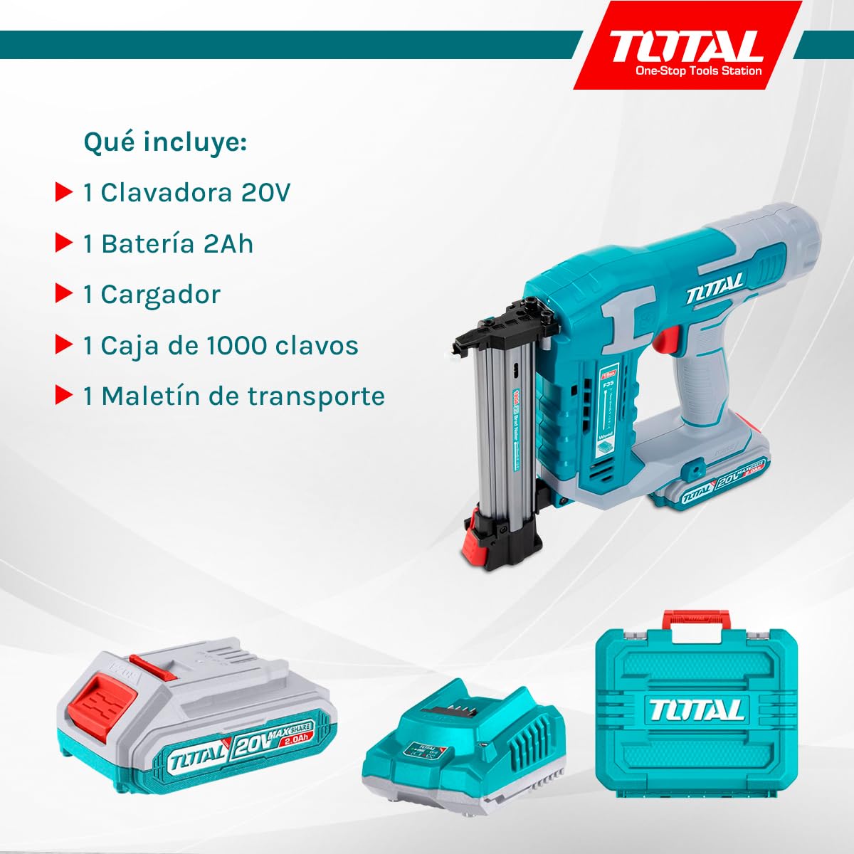 Total - Clavadora a Batería 20V - Pistola de Clavos para Carpintería y Bricolaje - Incluye Batería de 2Ah, Cargador y Maletín - Rápido Ritmo de Clavado y Diseño Compacto para Uso sin Cables