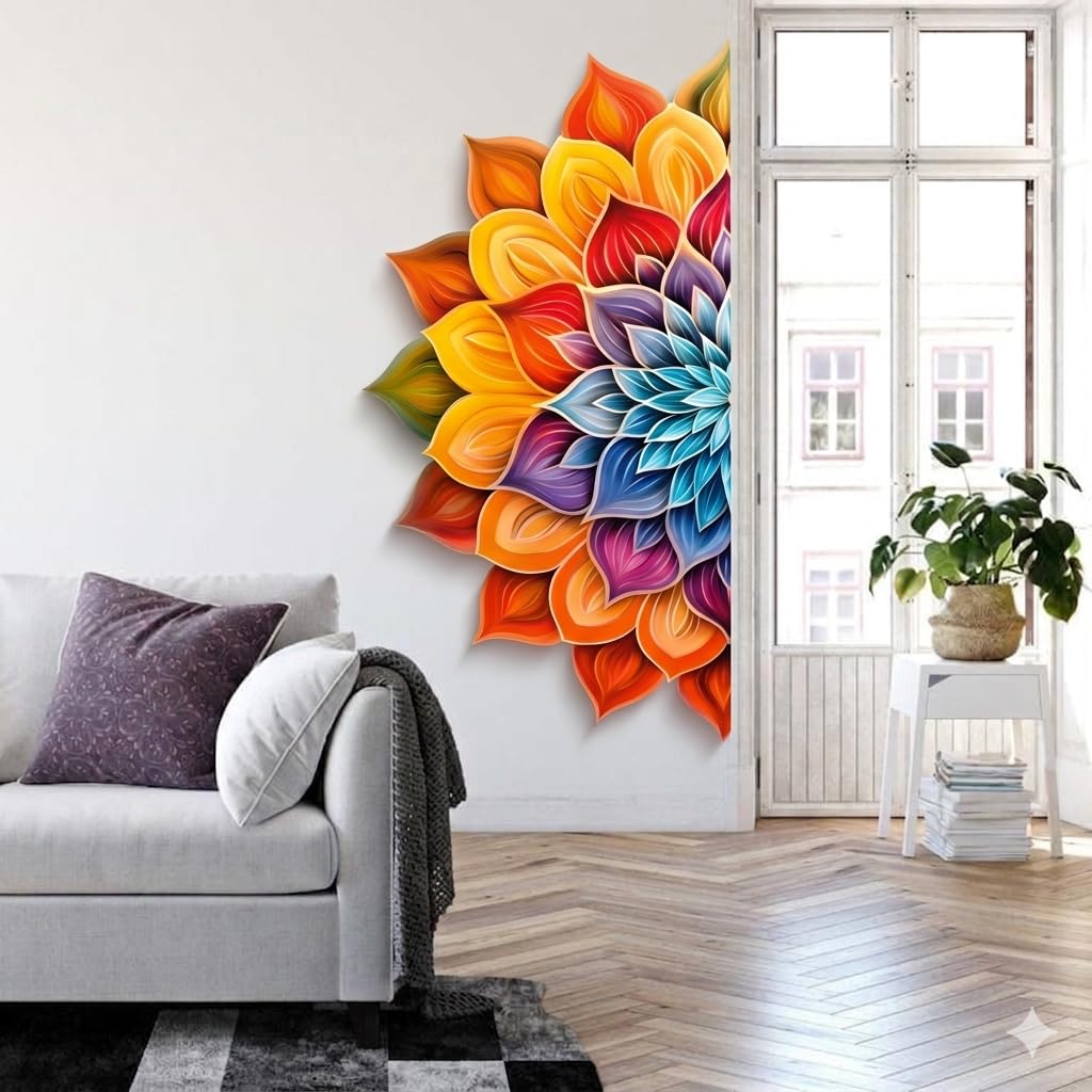 INKFENCE Half Colourful Mandala Wall Sticker 110 x 55 cm Home Decor Self Adhesive Sticker (Pack of 1)