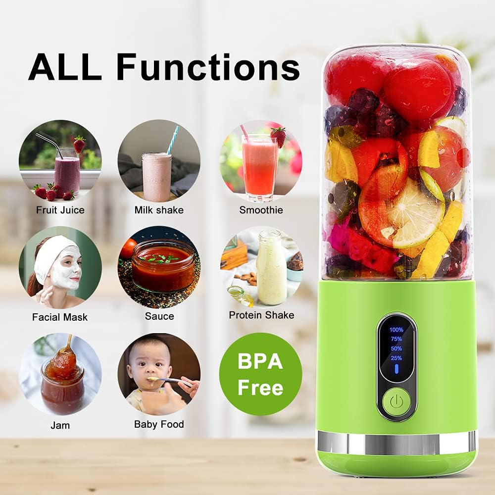 Portable Blender, 450ml Personal Size Blender for Shakes and Smoothies, 2*2000mAh USB Rechargeable Mini Smoothie Blender Mixer with 6 3D Blades and LED Display Juicer Cup for Sports Travel Home Office: Home & Kitchen