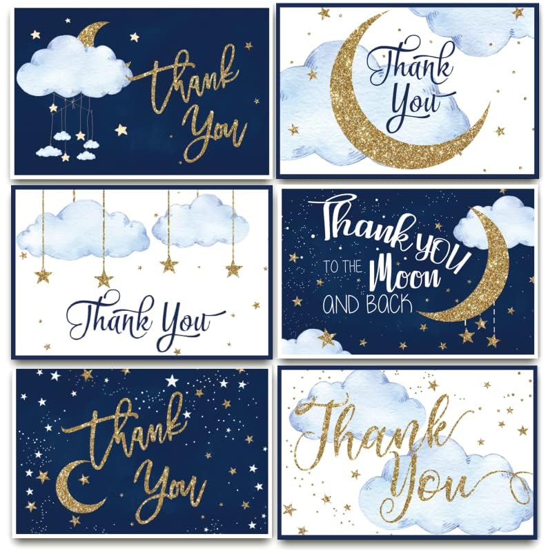 AnyDesign 36 Pack Stars Thank You Greeting Cards with Envelopes Matching Seal Stickers Blue Starry Delight Blank Note Cards Twinkle Moon Event Stationery for Baby Shower Birthday Supplies - Image 3