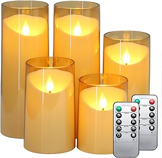 Amber LED Flameless Pillar Candles Battery Operated with Remote and Timer, Fall Candles, Set of 5 (D 3"×H 4" 5" 6" 8" 8") Plexiglass LED Flickering Candles with 3D Flame Halloween Candles
