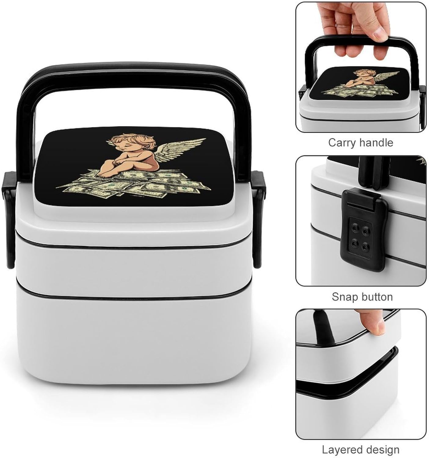 Angeles Dollar Money Print Bento Box with Spoon 2 Layer Food Container Cute Lunch Box for Travel Dining Work