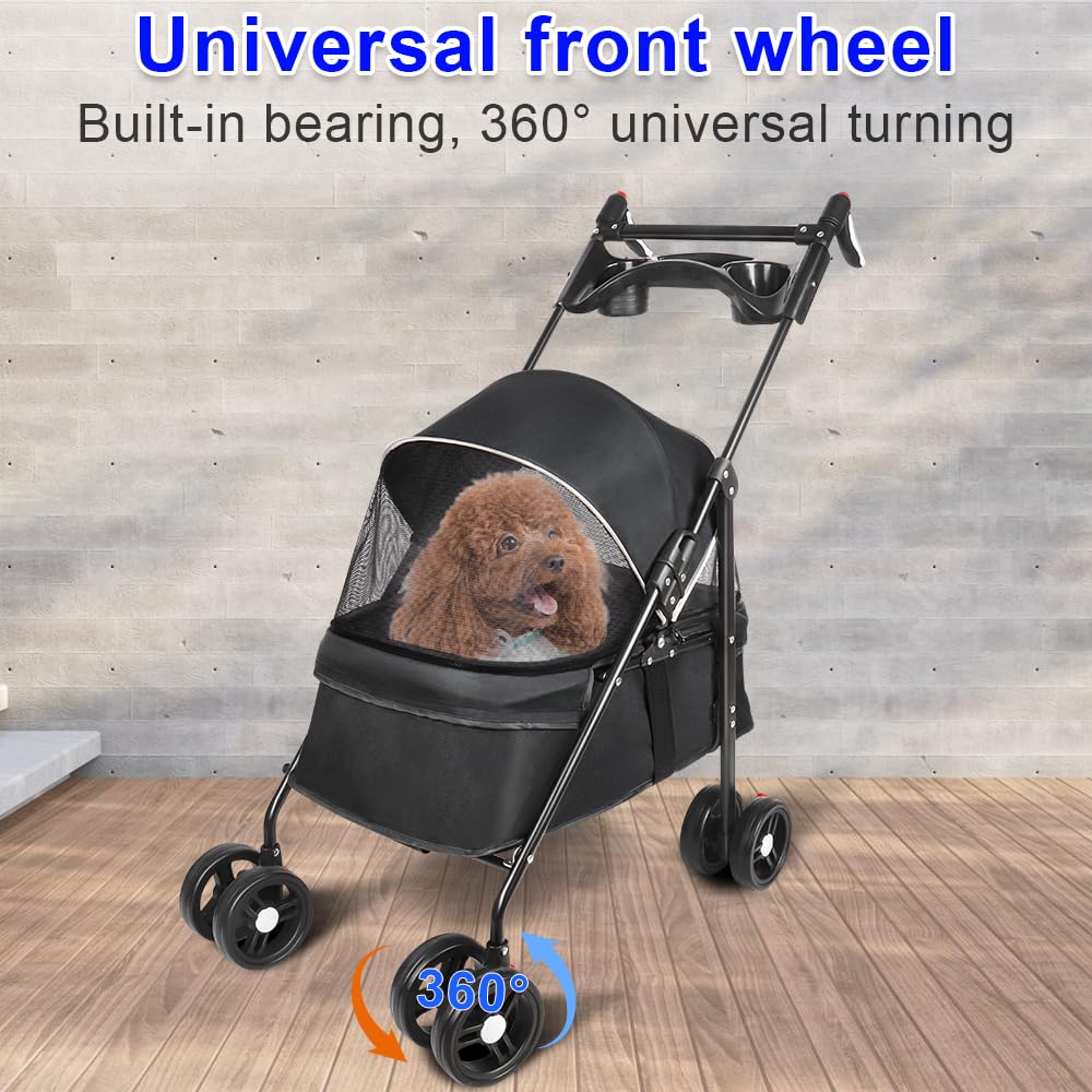 OHMG Poussette pour chien chat pliable,Les petits et chiens âgés,Jusqu'à 20 kg,Roues avec freins à 360°,Panier xxl,3 fenêtres,Porte-gobelet,Chariot pour chien
