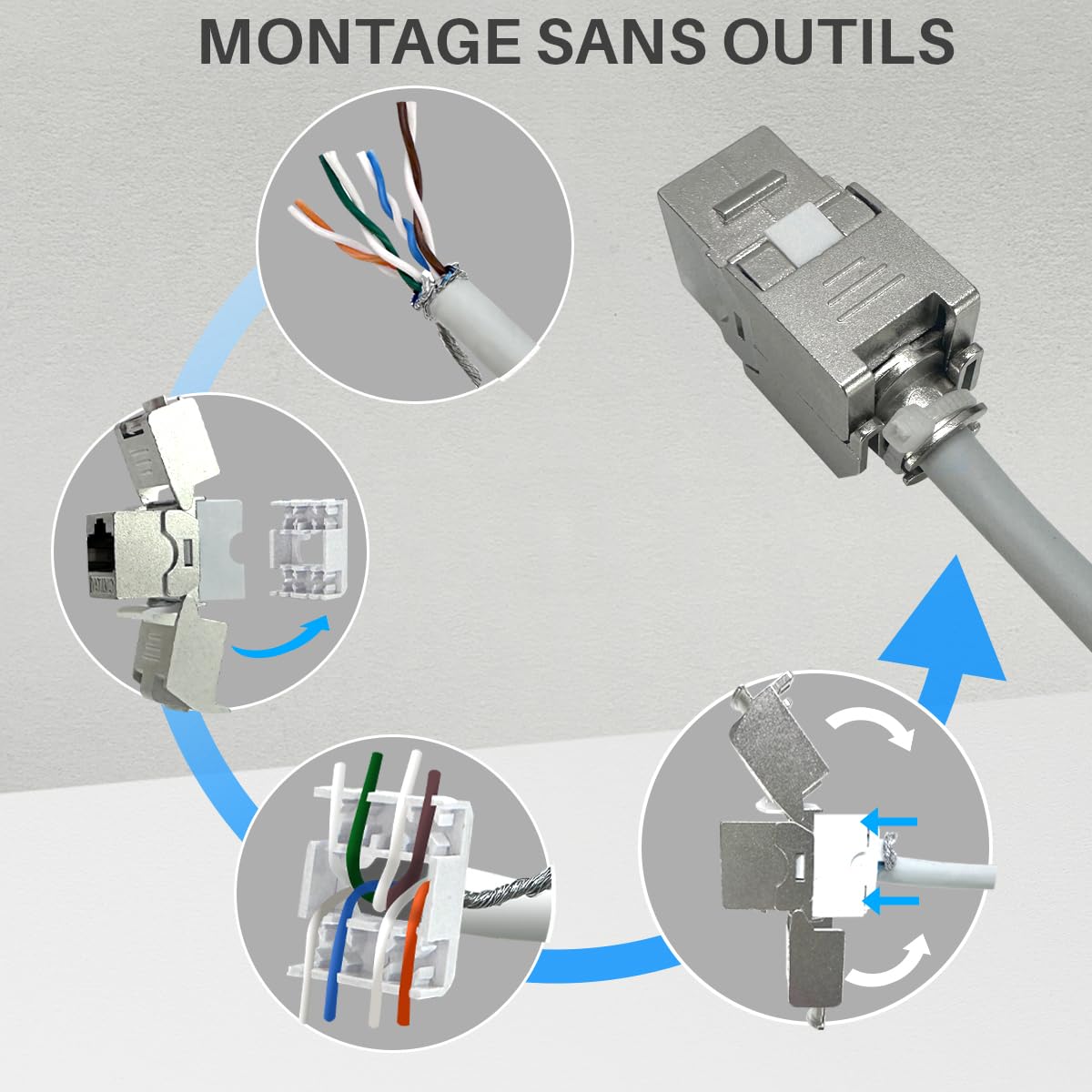 Waytex Lot de 8 Embases Keystone RJ45 Cat6a FTP sans outil – Connecteurs blindés métal zinc nickelé –10 Gbps 500MHz – Blindé FTP – Repérage T568 A/B AWG22 – 26 avec serre-câble