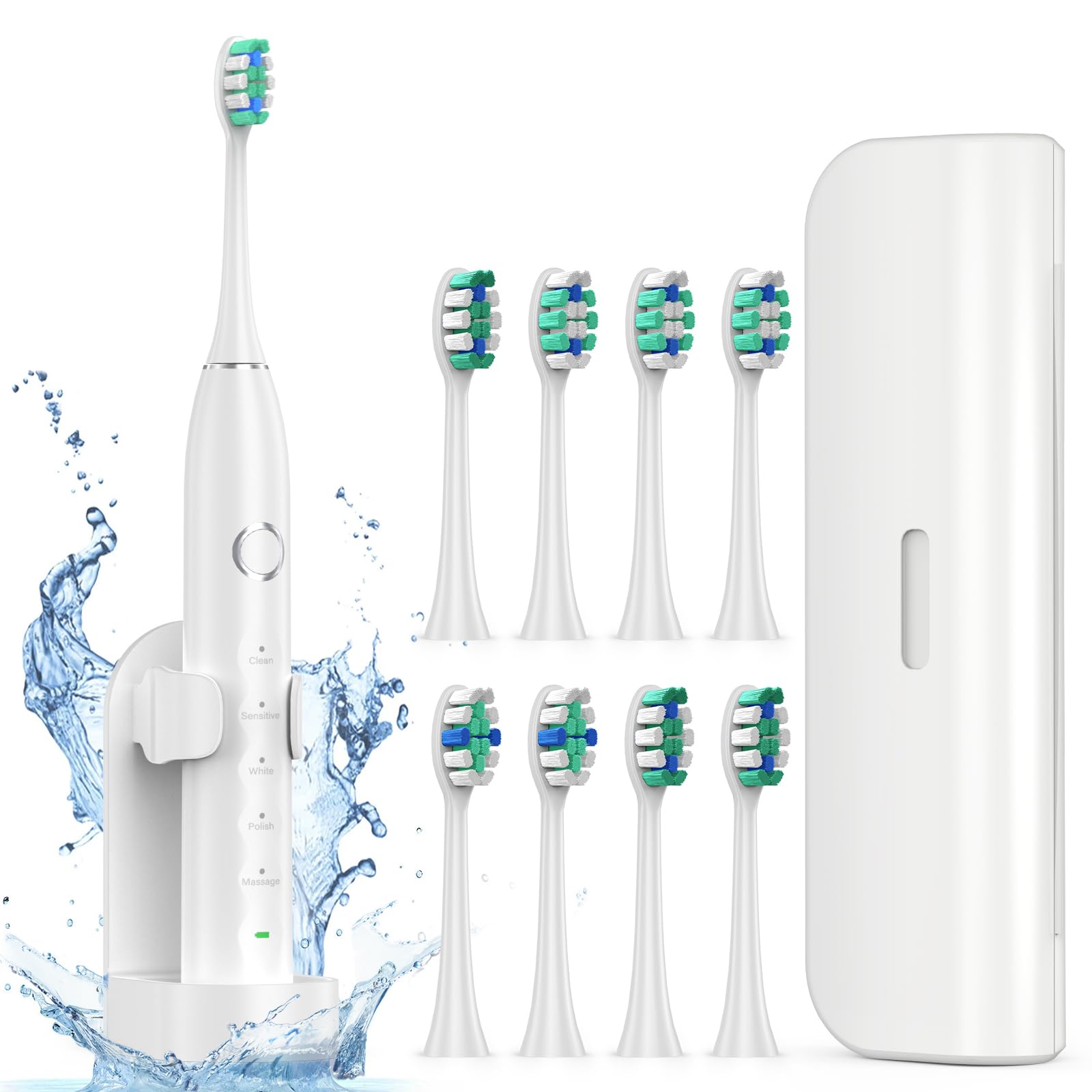 Fronix Electric Toothbrush for Adults with 8 Brush Heads, Sonic Toothbrush Rechargeable with a Holder & Travel Case, 2.5 Hours Charge for 120 Days Use - White