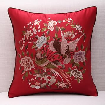 Bird Flower Embroidered Throw Pillow Cover 19x19 Inch Vintage Satin Decorative Cushion Case for Sofa Couch Bed Living Room Red