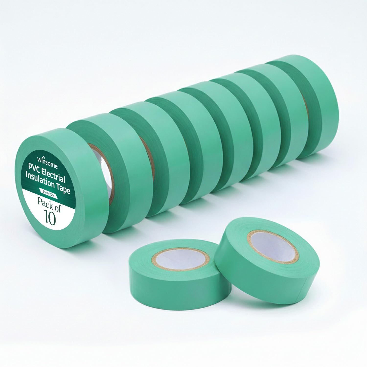 WINSOME Electrical Tape Green Pack of 10 | 20m X 19mm Waterproof Insulation Tape for Electric Wires & Cables | Strong & Sticky Electricianβs Tape for Preventing Short Circuits