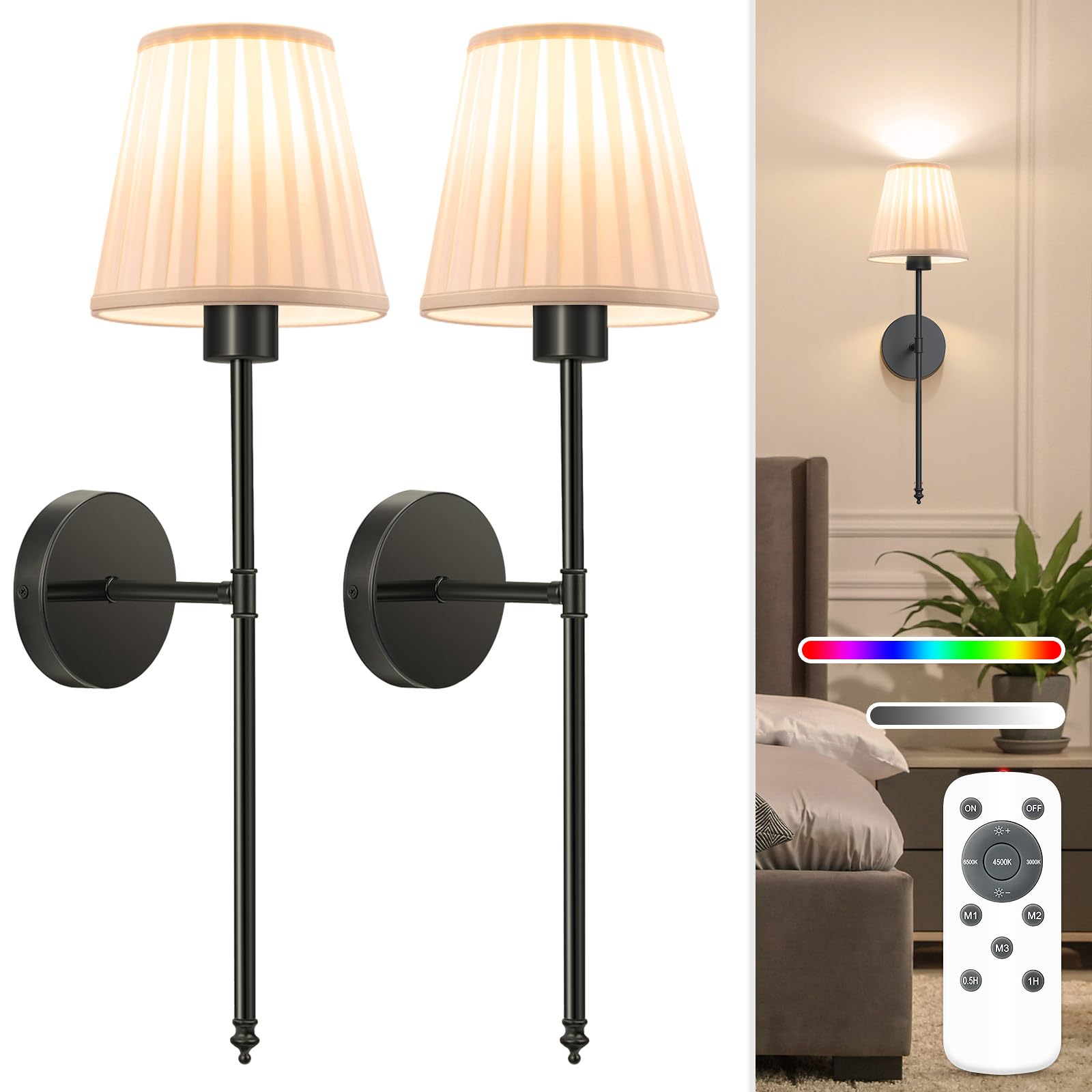 NIORSUN Battery Operated Wall Sconce Set of 2,Beige-Black Rechargeable Wall Lights with 10400mAh Dimmable Bulbs and Remote, 9 Colors Wireless Wall Lamps for Bedroom Living Room Hallway