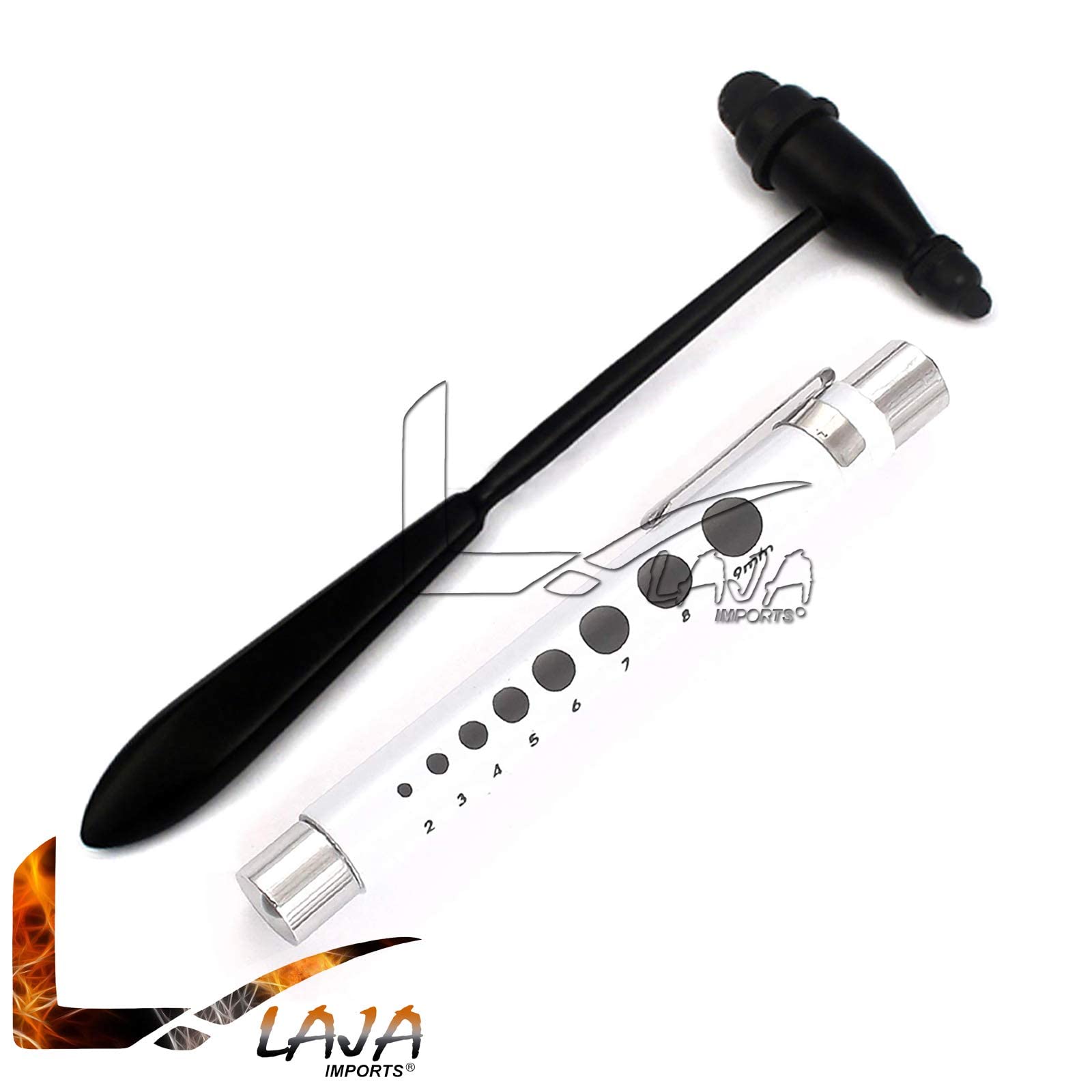 Laja Imports Lightweight Tromner Percussion Reflex Hammer Black Color & Led Pen Light Pupil Gauge 'White Color For Nurses, Ems, Students, Emergency Room for Educational Use