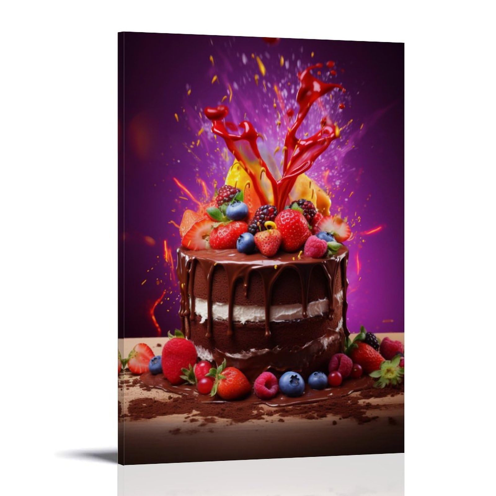 FYFMUSHE Fruits Cake Canvas Wall Art Paintings Abstract Dessert Splash Food Painting Pictures on Canvas Prints Framed Ready to Hang Artwork for Bedroom Home Decor 08x12inch(20x30cm)