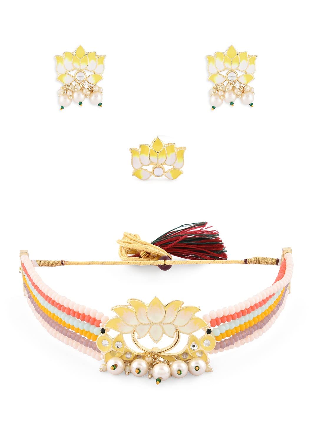 ZAVERI PEARLS Multicolor Crystals Beaded Multistrand Lotus Meenakari Choker Necklace Earring & Ring Set For Women-ZPFK14751 (B0BDG9FV6F) Amazon Price History, Amazon Price Tracker