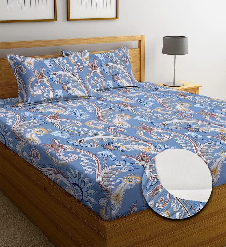 Image of NHD HOME Premium Cotton Elastic Fitted Floral Bedsheets with 2 King Size Pillow Covers | Double Bed with All Around Elastic 220 TC Supersoft |Size-72 King Sizex78+10 inches | Blue, Traditional Prints