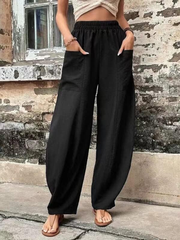 Elastic High Waisted Wide Leg Harem Pants for Women Loose Casual Solid Color Comfy Baggy Trousers Pants with Pockets4