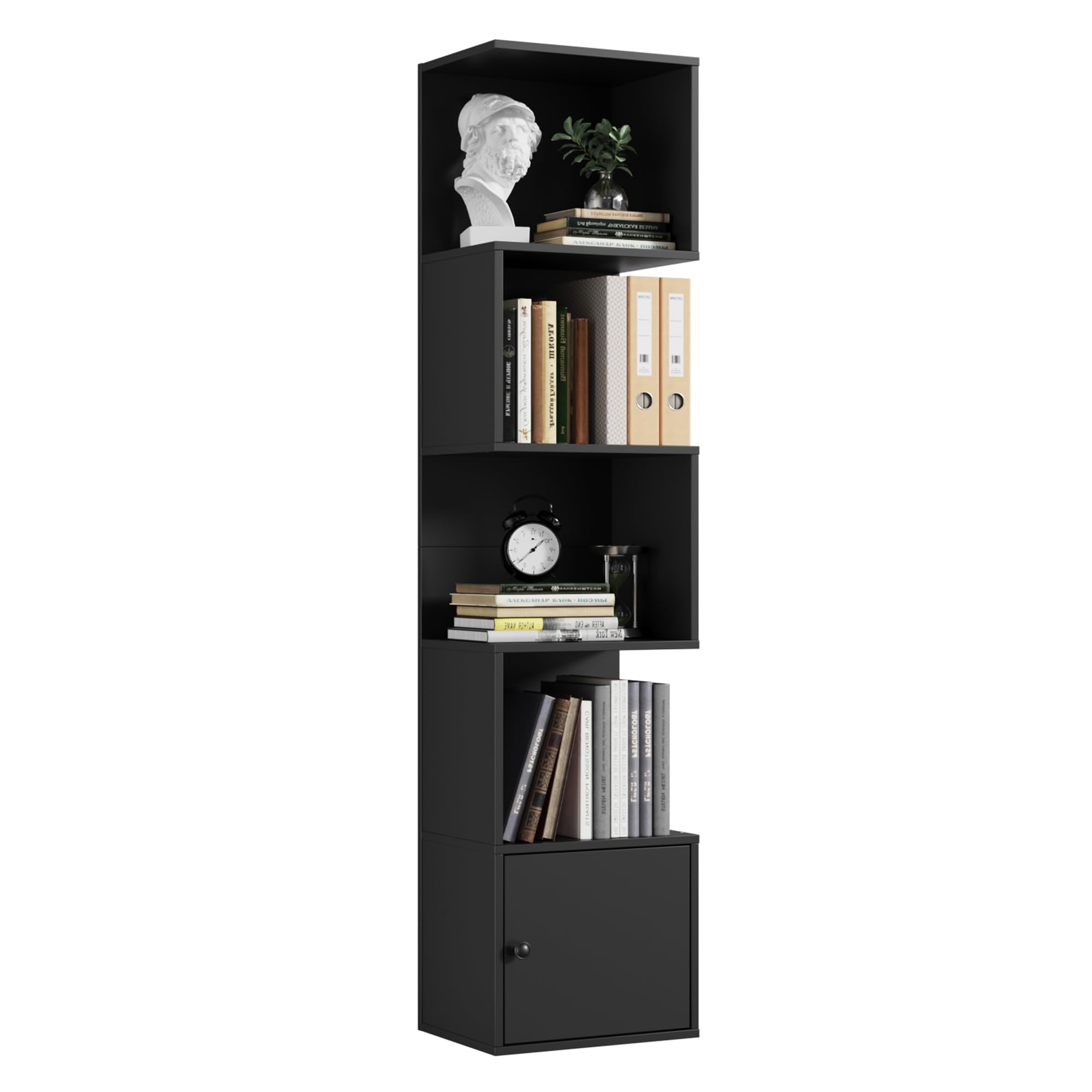 Furnify 5 Tier Bookshelf, 67" Tall S Shaped Bookcase with Door, Modern Open Book Shelf Standing Unit, Room Divider, Freestanding Wood Display Shelf