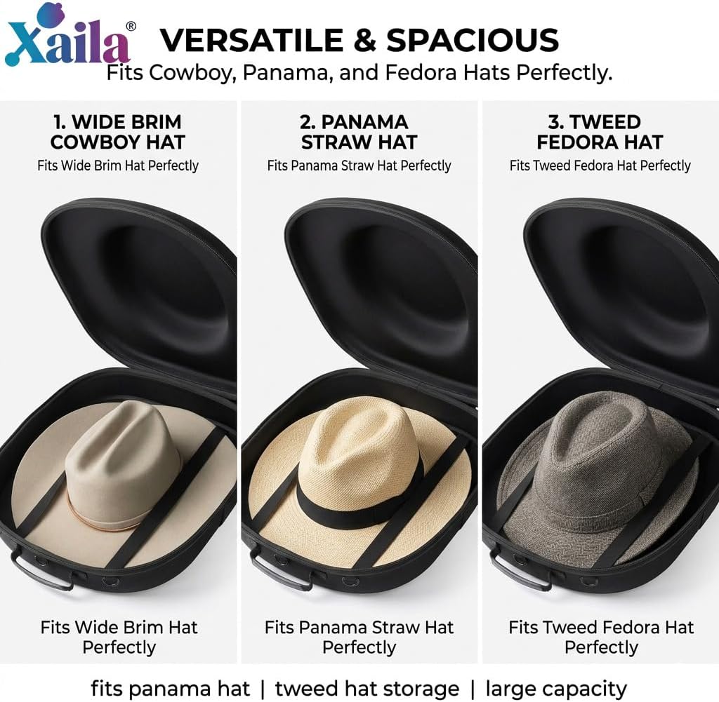 Xaila Cowboy Hat Travel Case Replacement for Beavercraft Western and Fedora Hats, Premium Hard Shell EVA Hat Carrier with Backpack Straps, Universal Fit for Wide Brim Rancher and Sun Hats (Large)