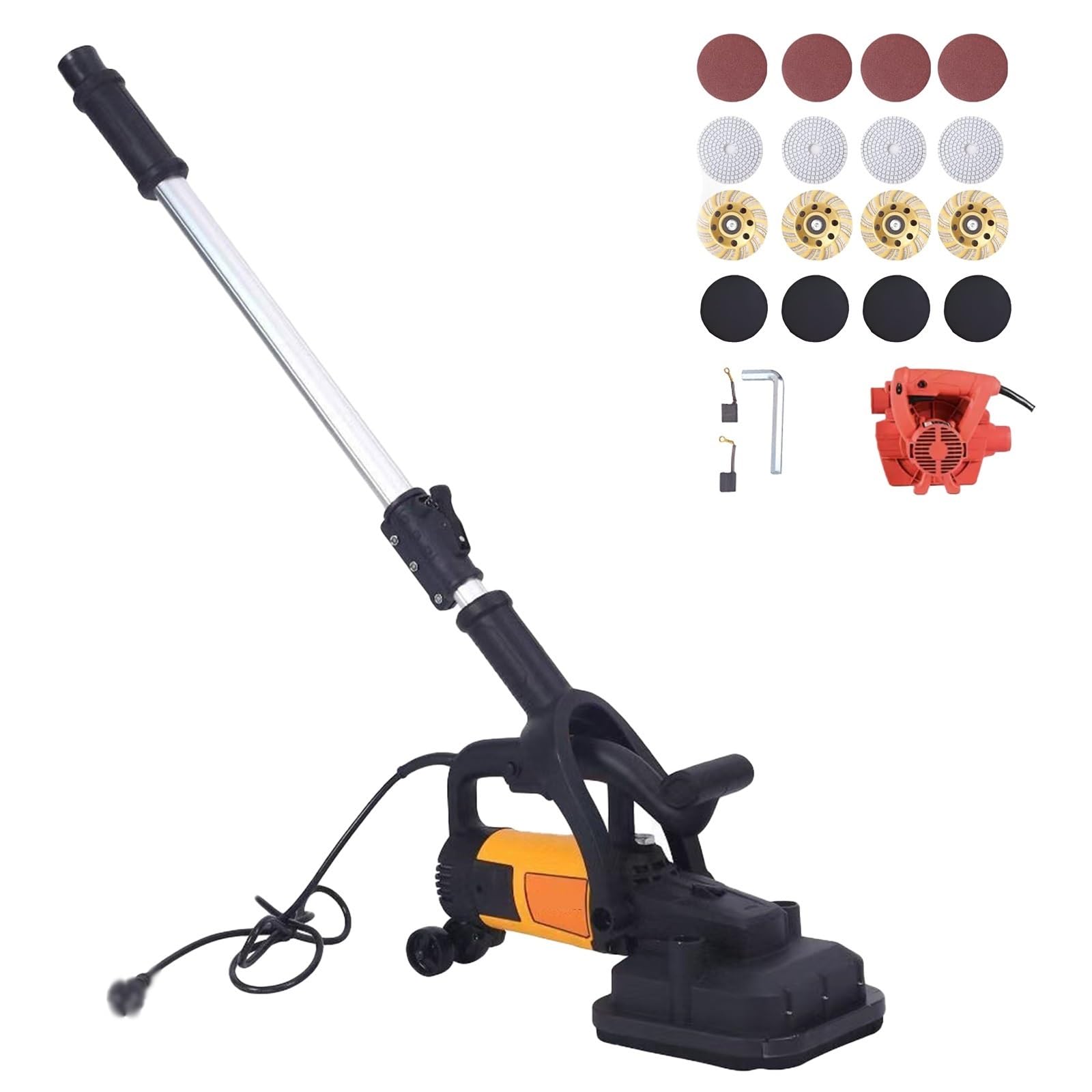 4 Head Concrete Grinder, Electric Wall Planer with Telescopic Extension Rod & Vacuum Cleaner, Auxiliary Wheels, Handheld Concrete Floor Grinding Machine for Cement Tile Marble Granite