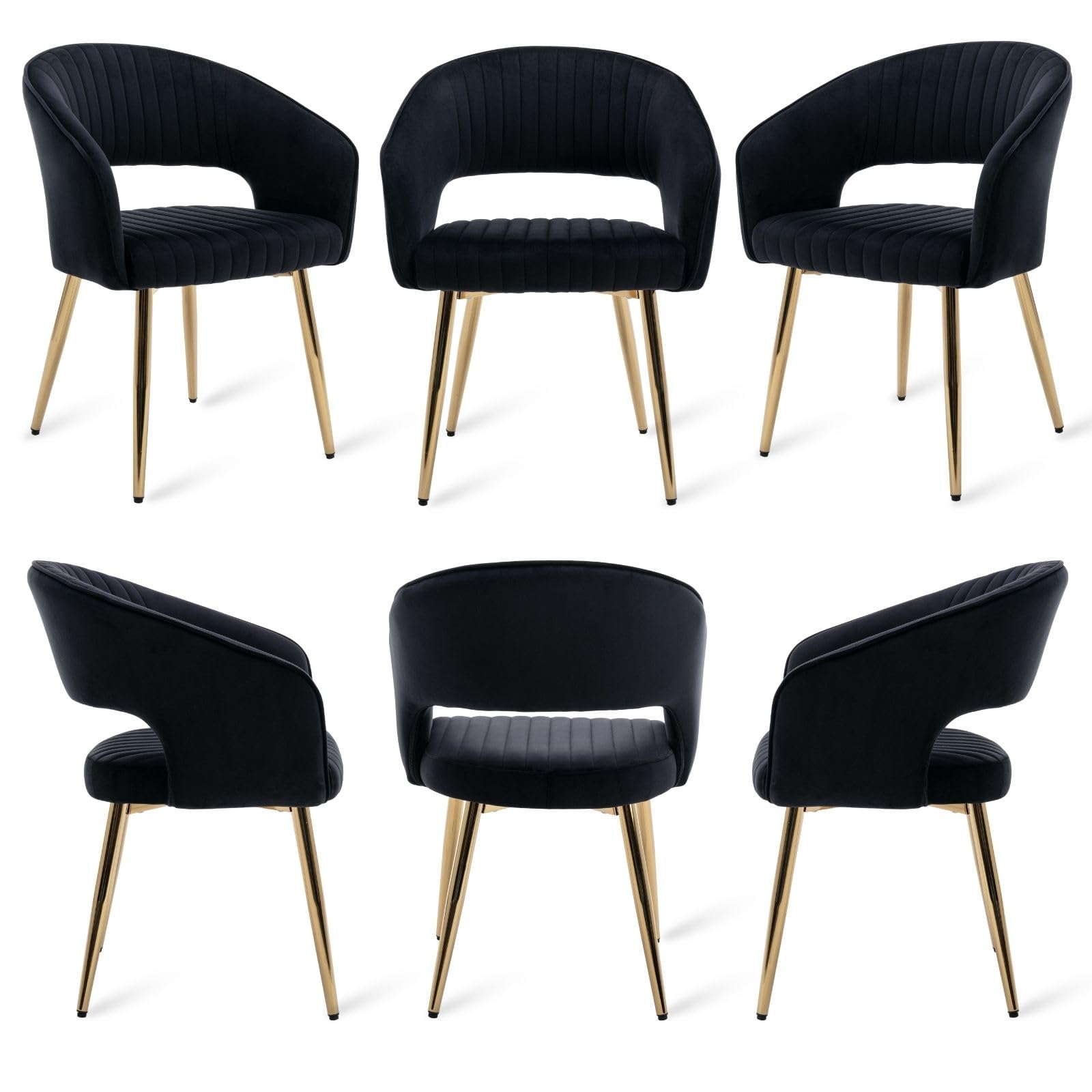 ZH4YOU Velvet Dining Chairs Set of 6, Modern Gold Legs Dining Room Chairs with Hollow Back, Upholstered Accent Kitchen Chairs for Living Room/