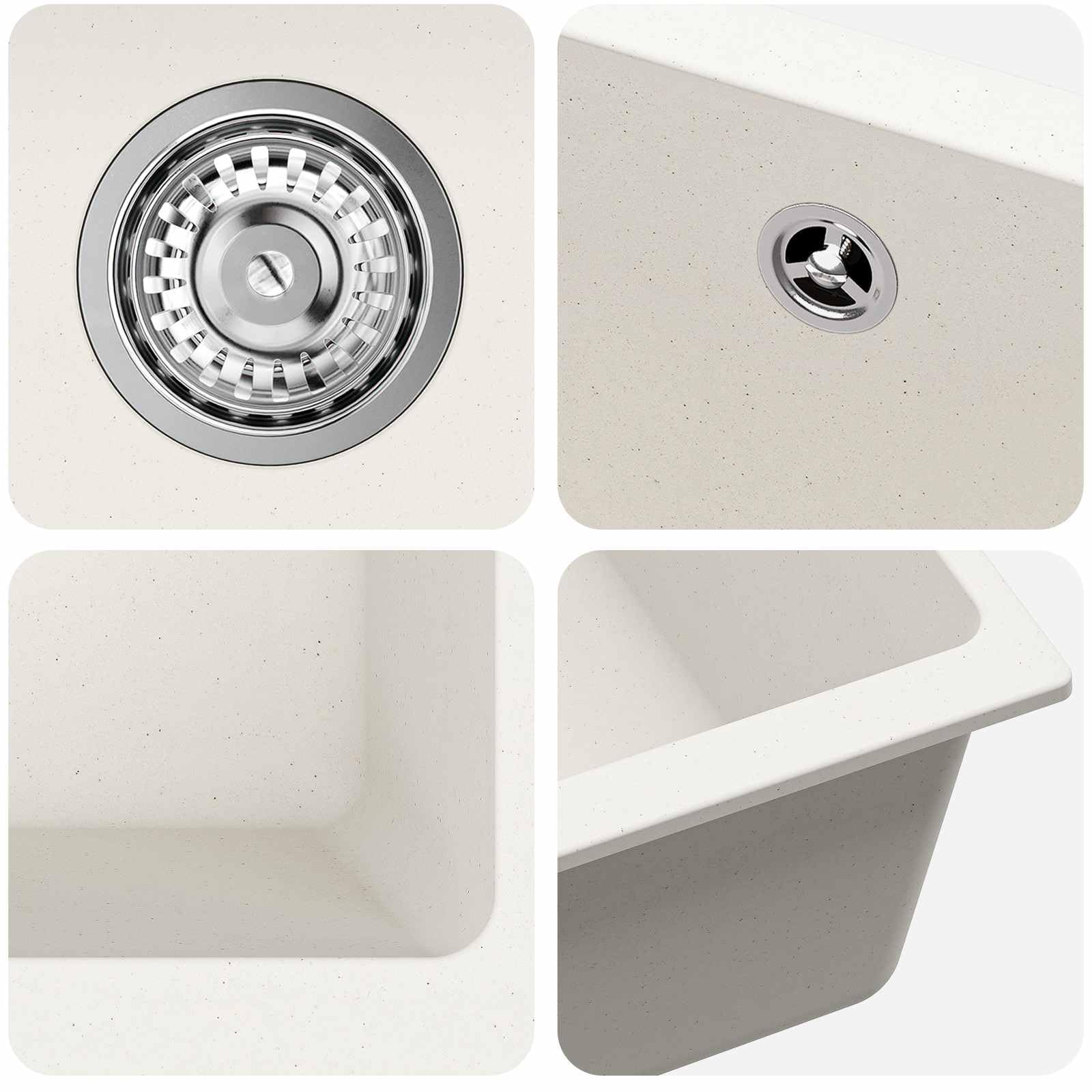 Fregadero de cocina moderno de granito blanco 430 x 460 mm 80% cuarzo 20% resina con escurridor y accesorios de instalación para diseño contemporáneo
