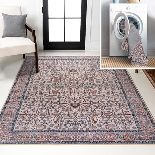 Image of JONATHAN Y Machine Washable Beige /Red /Blue Indoor Area Rug 5X8 ft, Kemer for Living Room, Bedroom, Kitchen, Office, Easy-Cleaning, High Traffic, Pet-Friendly, Non-Shedding WSH104C-5