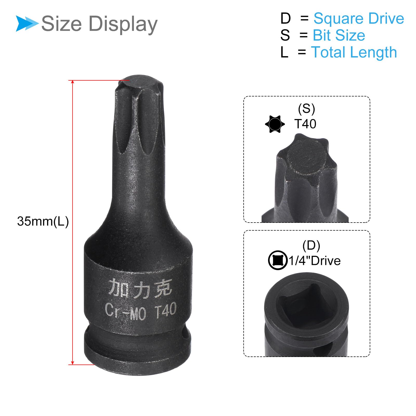 CoCud Impact Torx Bit Socket, T40 1/4" Square Drive 35mm Length, CR-MO Chamfer Design Pin Hole 6 Point Star Socket Bit - Image 2