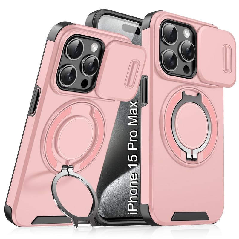 Image of LuxuryKase Shockproof Rugged Case for iPhone 15 Pro Max | Slide Camera Cover | 360 Rotating Ring Kickstand | Military-Grade Protection - Rose Pink