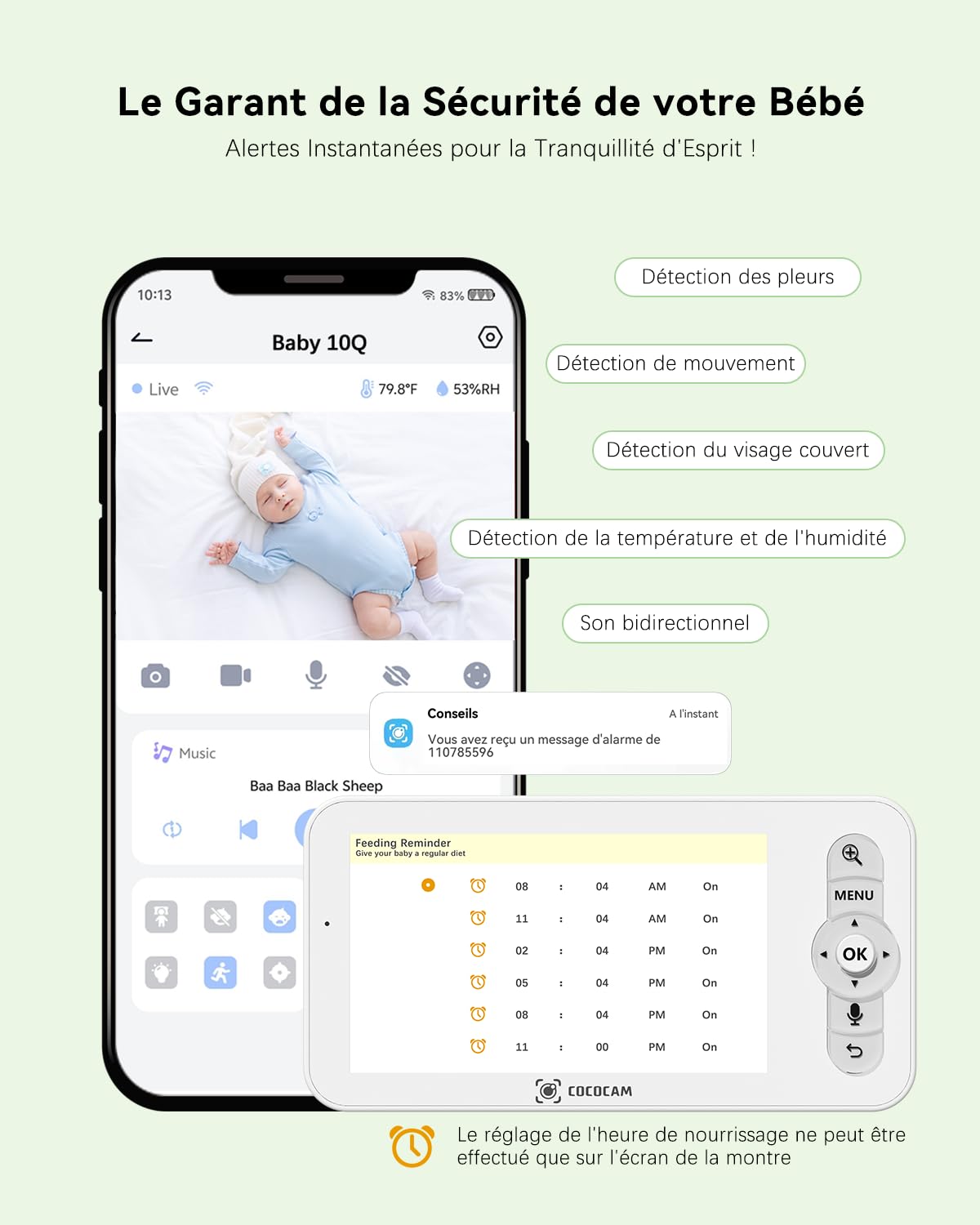COCOCAM 2K 4MP IA Babyphone Camera avec 5'' Écran 2,4G/5GHZ WiFi | Détection Visage Couvert, Album Intelligent, Détection IA, Suivi Auto, Détection Pleurs, Encryptage, Vision Nocturne IR