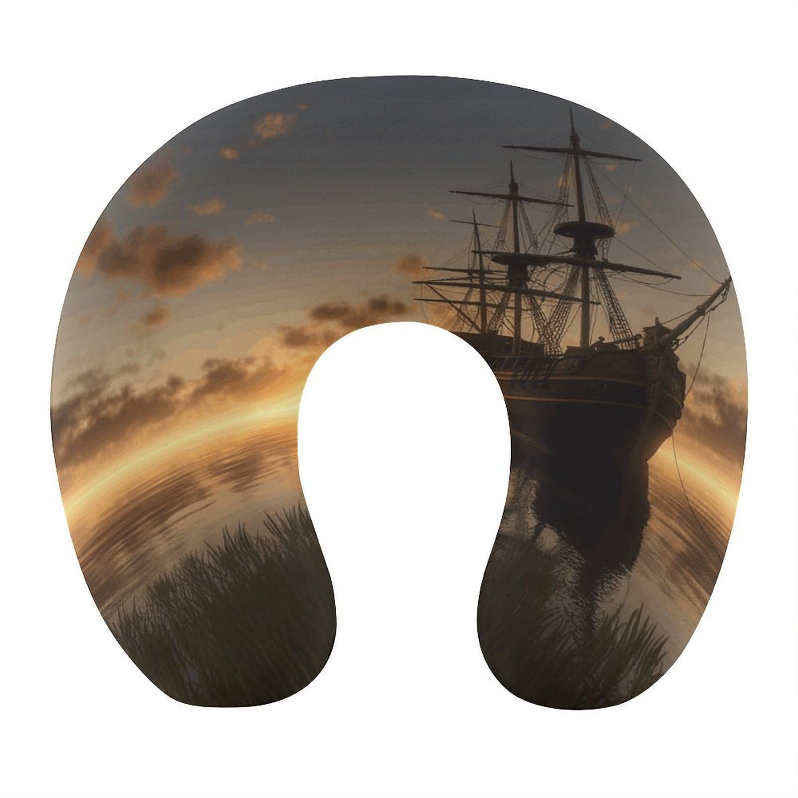 Adfgyerh Style Ship In The Lake Sunset U-Shaped Pillow，Memory Foam Pillow Core，Cushion ，Provide Neck Support ，Travel Pillow，Suitable For Airplanes, Cars, Homes, And Offices.
