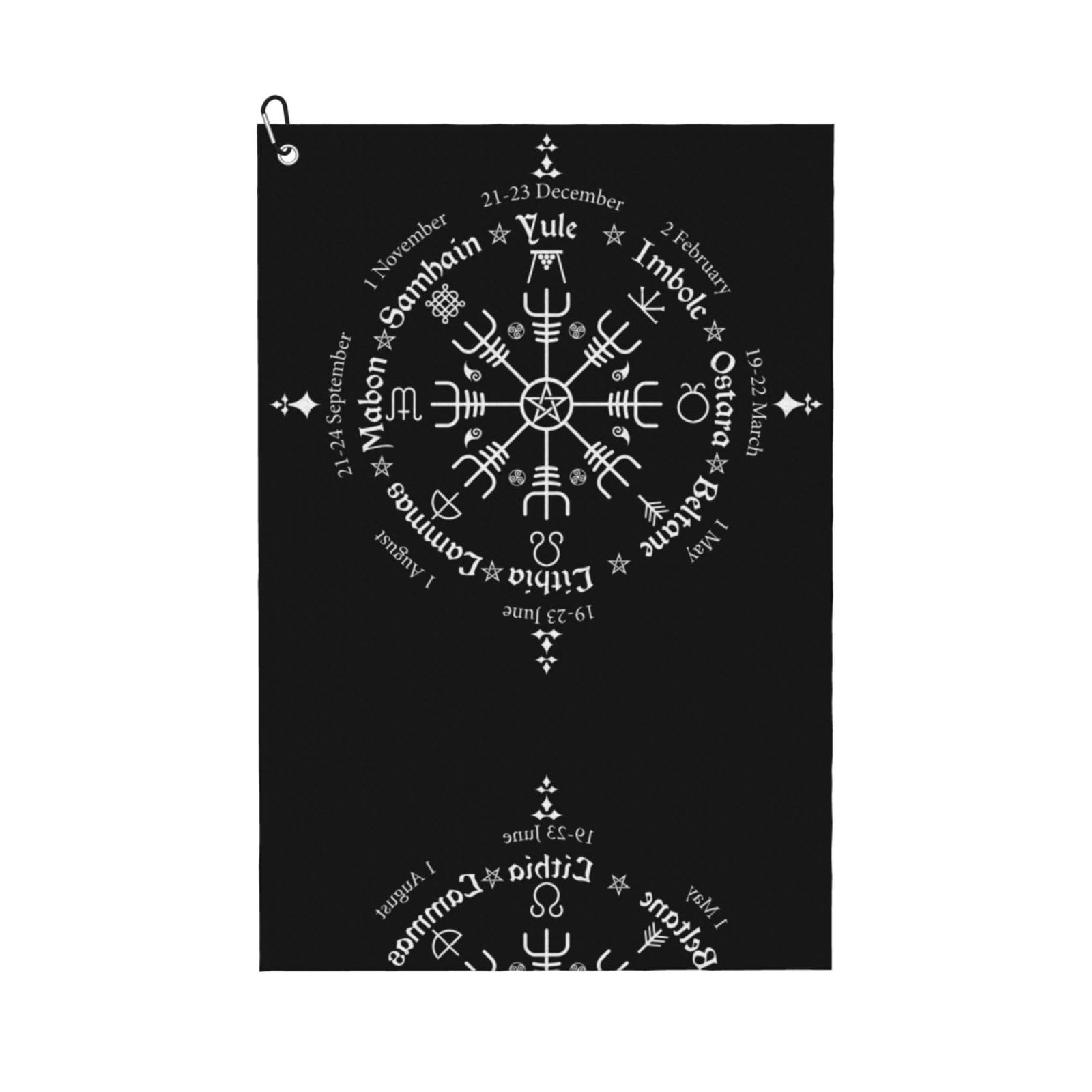 peiyeety Norse Viking Vegvisir Compass Goth Pentagram Microfiber Golf Towel with Carabiner Clip, 16x24 Inch Absorbent Waffle Weave Towel for Golf Bags