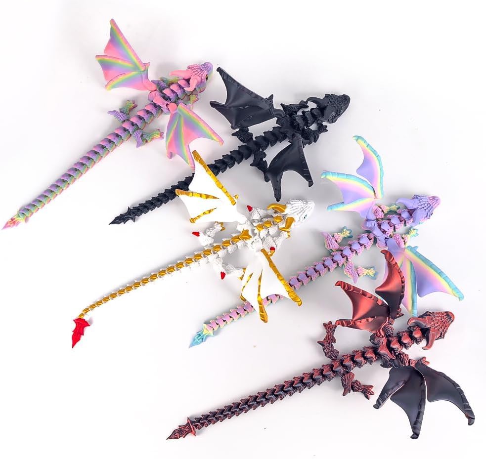 3D Printed Dragon with Wings, 3D Printed Animals Toys, Fidget Dragon Toys, Flexible Articulated Winged Crystal Dragon Model, Desktop Pet Decor, Dragon Gift for Kids & Adult (Random-Rainbow)