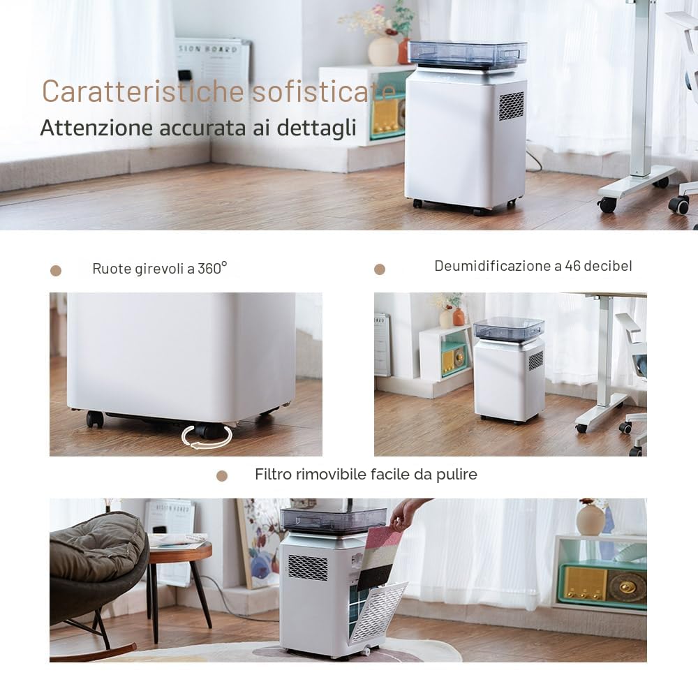 Kalopsia Deumidificatore Casa Muffa Portatile: Professionale 80L/Giorno Pompa 5M Drenaggio Automatico per Grandi Ambienti 170㎡ Silenzioso 46dB Cantina/Bagno/Stanza/Seminterrato/Garage/Ufficio