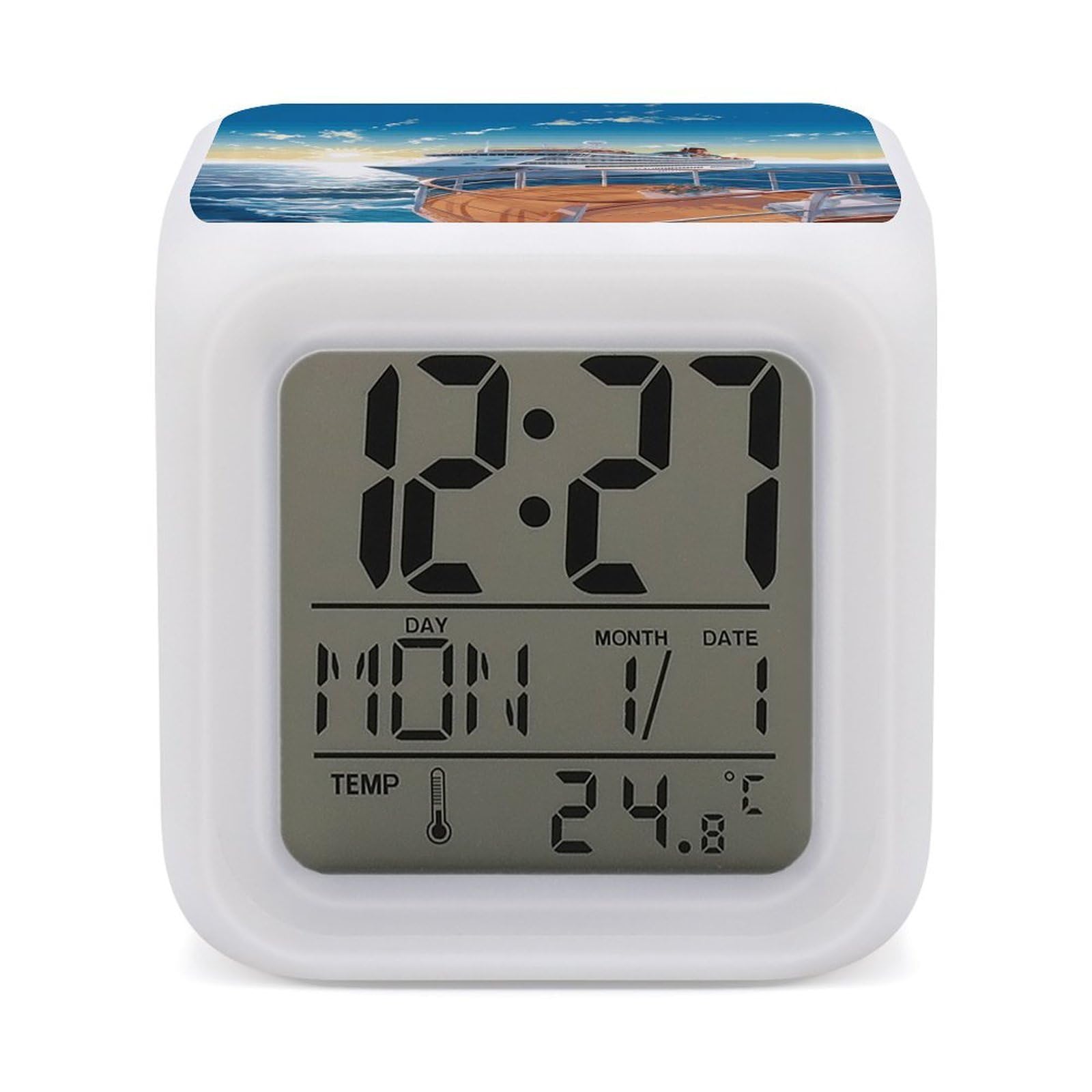 FekiLoot Summer Sea Cruise Alarm Clock for Heavy Sleepers Small Digital Alarm Clock with Date Temperature Wake Up Digital Clocks with 7 Colors Changing Desk Clocks for Bedroom Bedside Nightstand