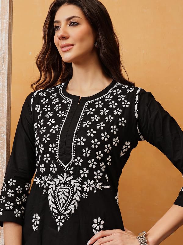 Image of Ada Hand Embroidered Lucknow Chikankari Straight Cotton Kurta Kurti Tunic for Women A411475 White