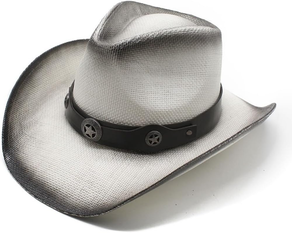 Western Cowboy Hat, Pink Straw with Leather Band and Star Conchos, Wide Brim