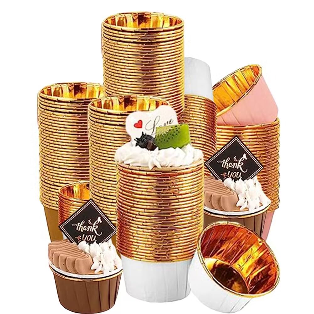 150pcs Cupcake Cases, Foil Cup Cake Cases, Metallic Baking Cups, Greaseproof Cake Muffin Liners for Birthday Wedding Party(Pink+White+Brown)