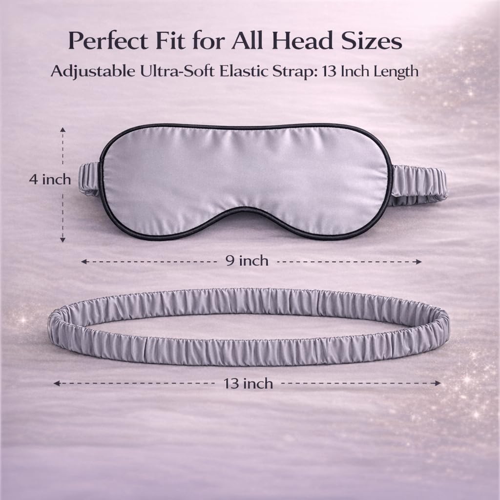 100% Mulberry Silk Sleep Mask for Women/Men Airplane Travel, Pure 22 Momme Silk Eye Mask Blackout for Sleeping, Ajustable, Luxury, Anti Wrinkle, Anti Aging Silk Blindfold, Made in USA (Silver Gray)
