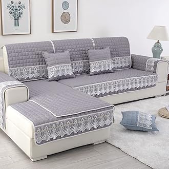 vctops Farmhouse Solid Color Sofa Slipcover Non Slip L Shape Sofa Cover Lace Trim Plaid Quilted Sectional Couch Cover Furniture Protector Cover for Pets Kids Children Dog Cat (Gray,43"x94")