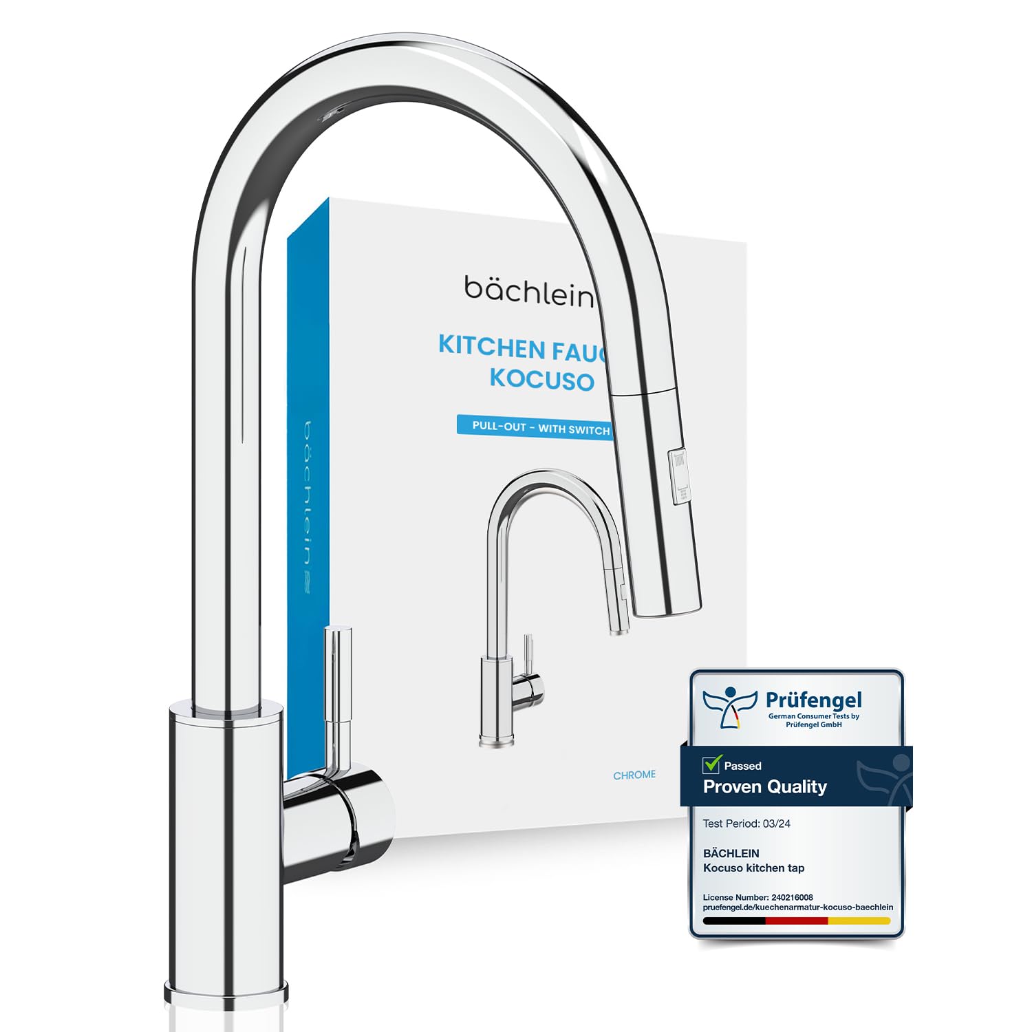 Bächlein Extendable - Chrome Kocuso 360-Degree Swivel Kitchen Faucet (Chrome) - Stainless Steel Sink Mixer Tap With Extendable Hose And Sprayer With Switch Button