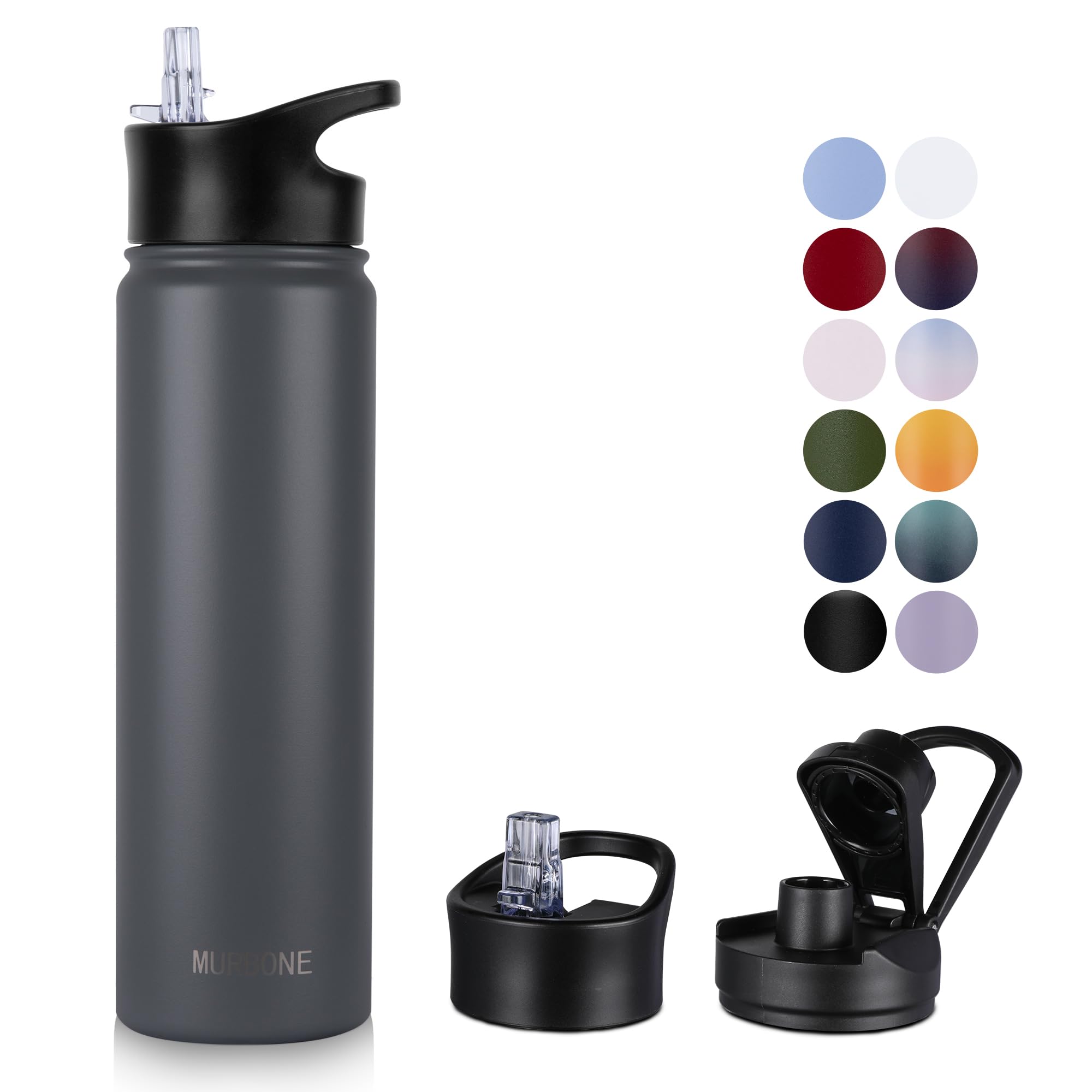MURBONE Insulated Water Bottle, 750ml Stainless Steel Drink Flask with Straw, BPA Free, 2 Lids (Straw Lid and Spout Lid)