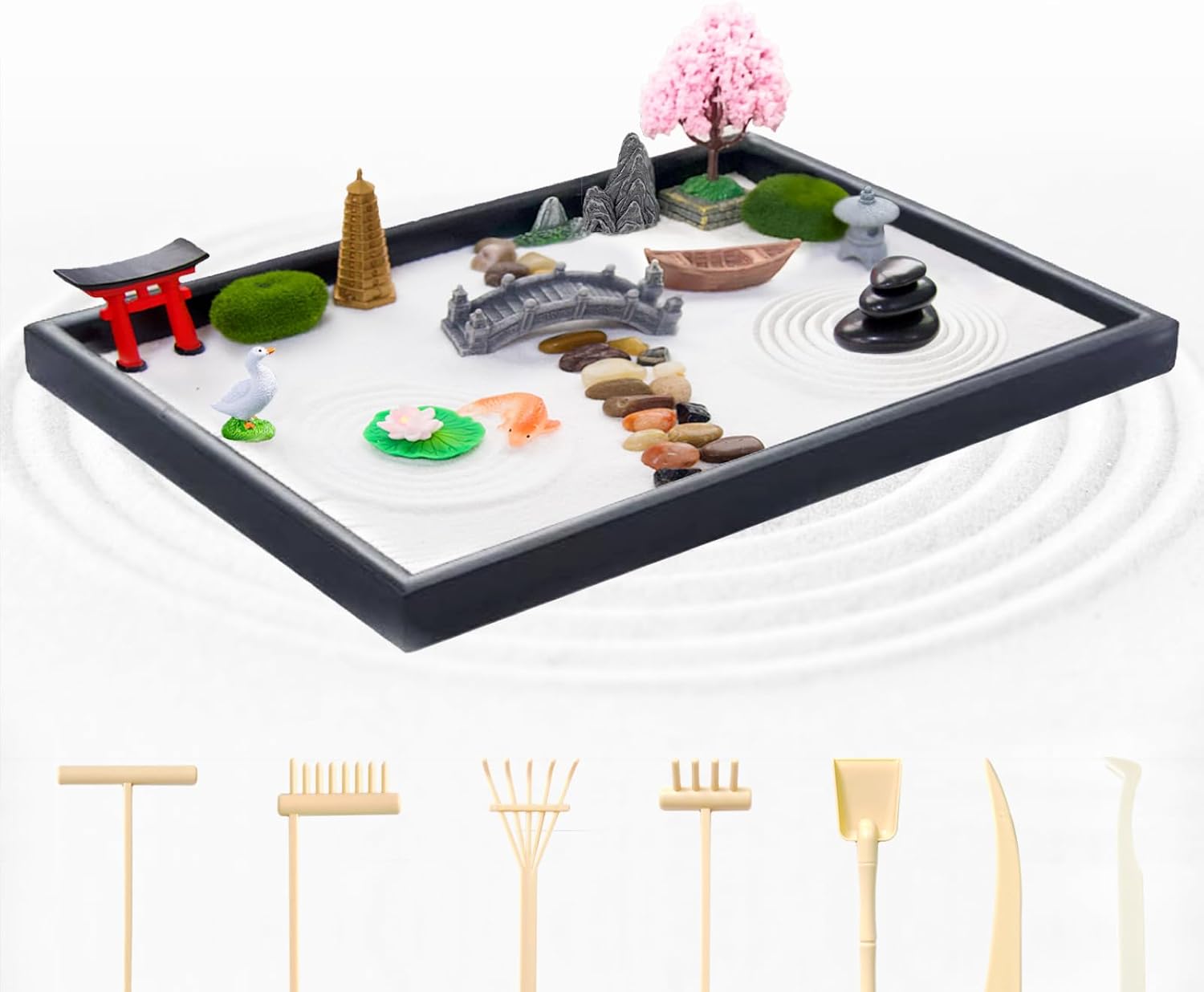 DEERSJUMP Mini Zen Garden Kit for Desk 11.8x7.8'' Japanese Sand Garden for Office and Home Decor with Sand Rock and Rake Tray Therapy Tool Gift Set for Room